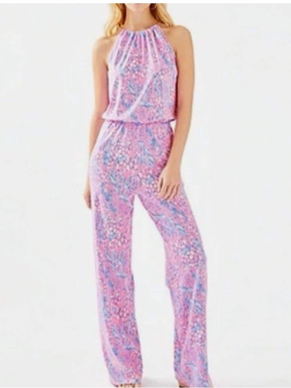 Like New Lilly Pulitzer Gold Chain Halter Neck Jumpsuit with Elastic Waist